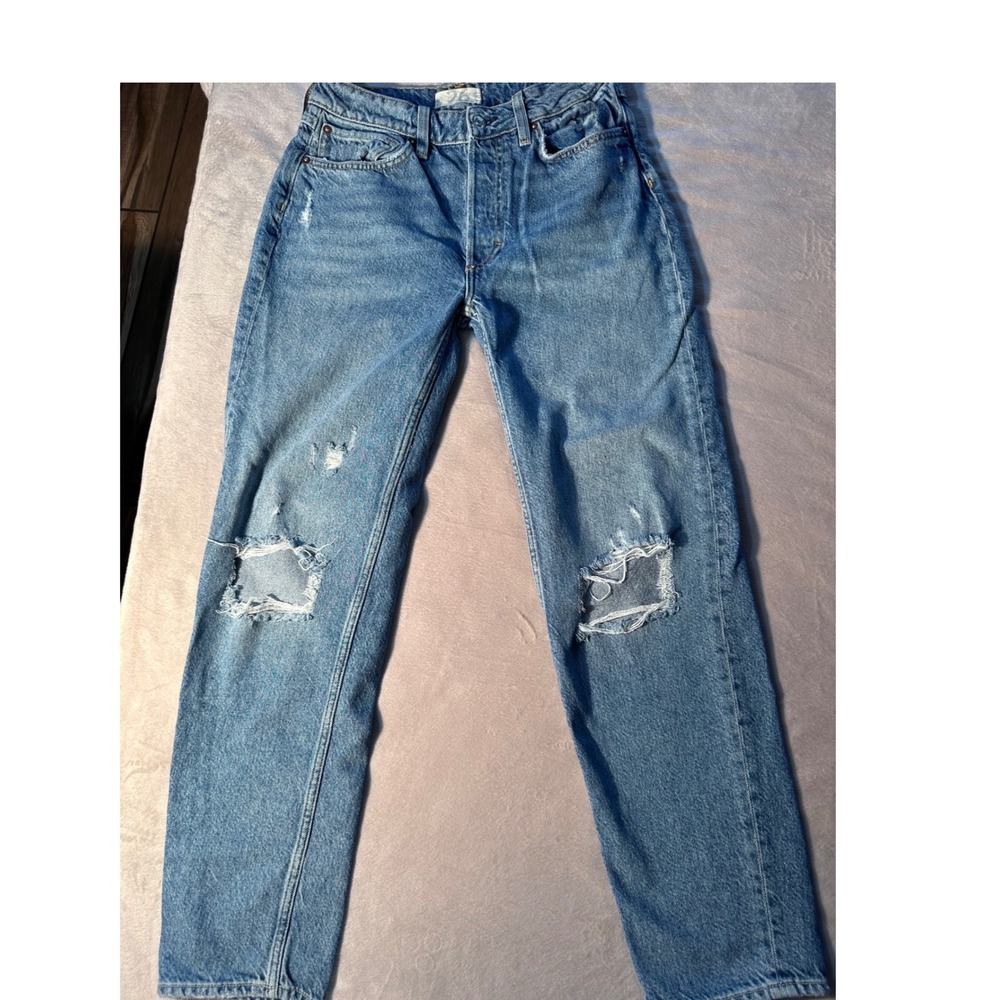 We The Free People Distressed Straight Leg Jeans Blue 26 Button Fly High Rise